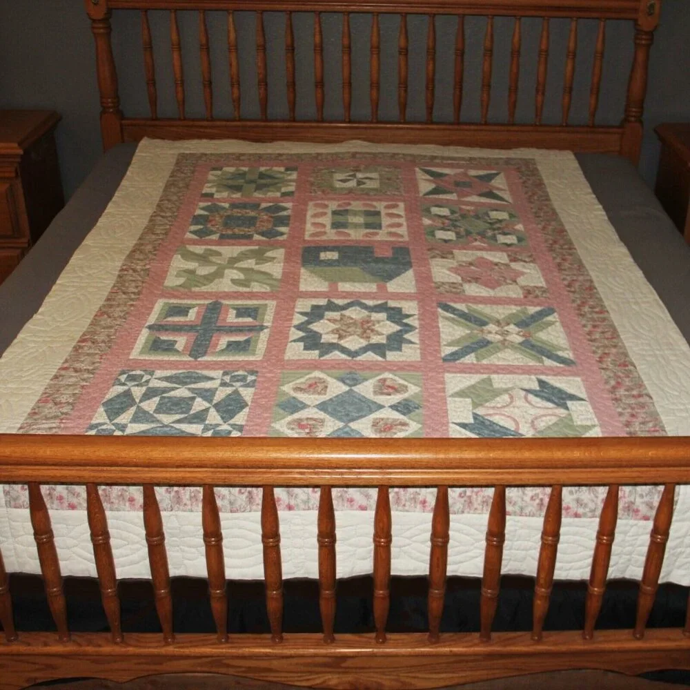 Vintage 80's/90's Completely Handmade Hand Stitched Quilt Pink Squares 87L x 60W